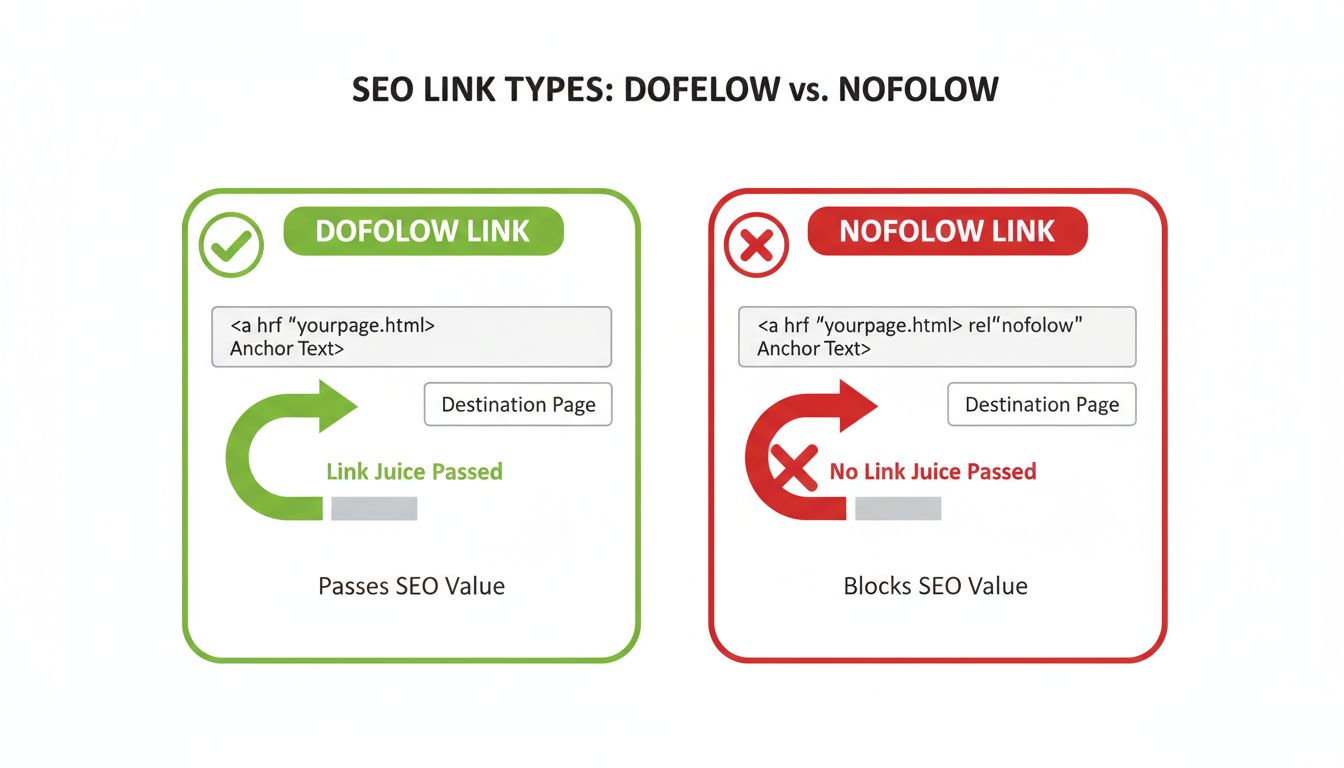 Technikai diagram a dofollow és nofollow linkek összehasonlításáról, a link juice áramlásával és HTML kód példákkal