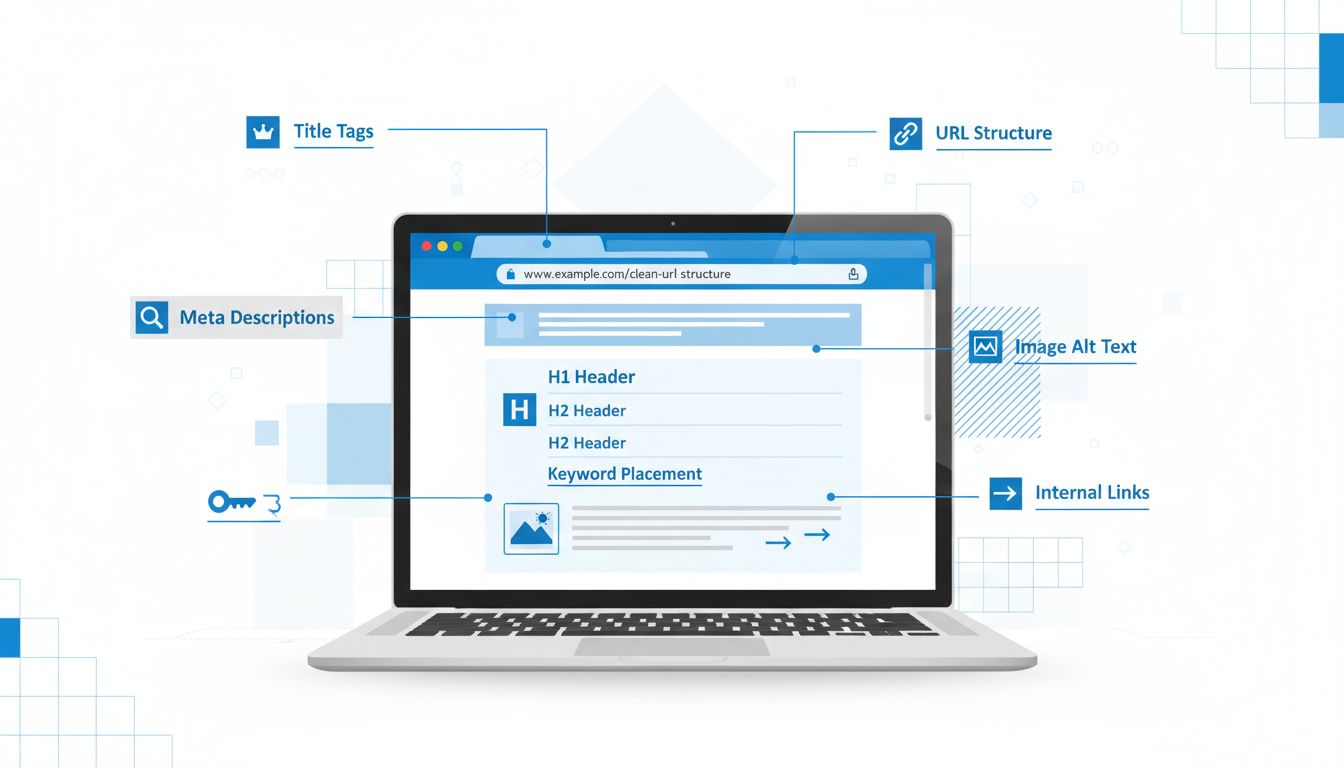 On-page SEO optimalizálási elemek, beleértve a cím tageket, meta leírásokat, fejléc tageket, kulcsszóelhelyezést, URL struktúrát, belső linkeket és kép alt szöveget, megjelenítve egy laptop képernyőjén