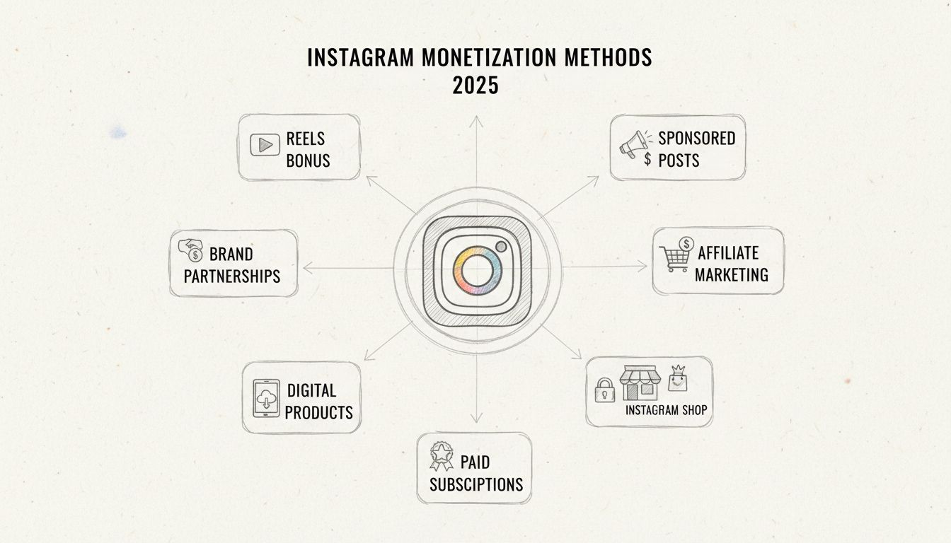 Instagram monetization methods diagram showing 8 different revenue streams connected to central Instagram logo