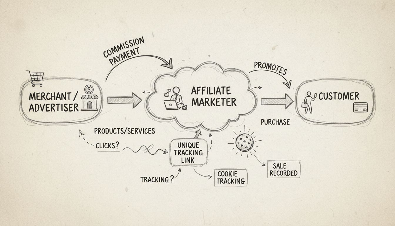 Affiliate marketing ökoszisztéma diagram: kereskedő, affiliate, vásárló és jutalékáramlás