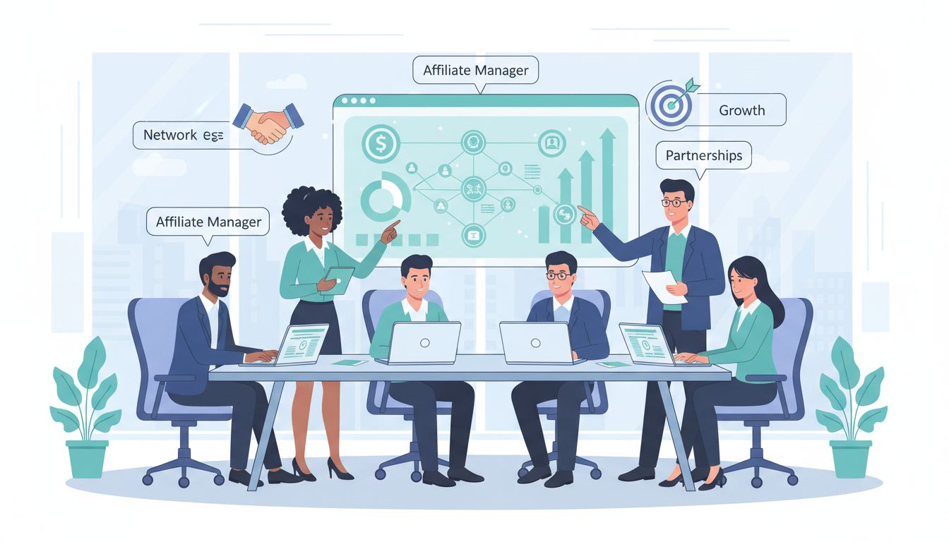 Affiliate menedzserekből álló professzionális csapat együtt dolgozik egy asztal körül, laptopokkal, grafikonokkal és hálózati diagramokkal, partnerségi stratégiákat és növekedést tervezve