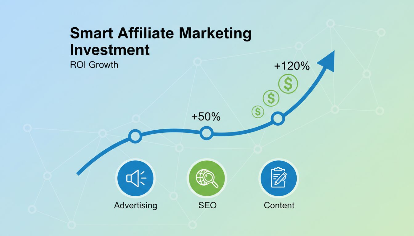 Affiliate marketing befektetés ROI növekedési diagram, amely mutatja a hirdetések, SEO és tartalommarketing megtérülését