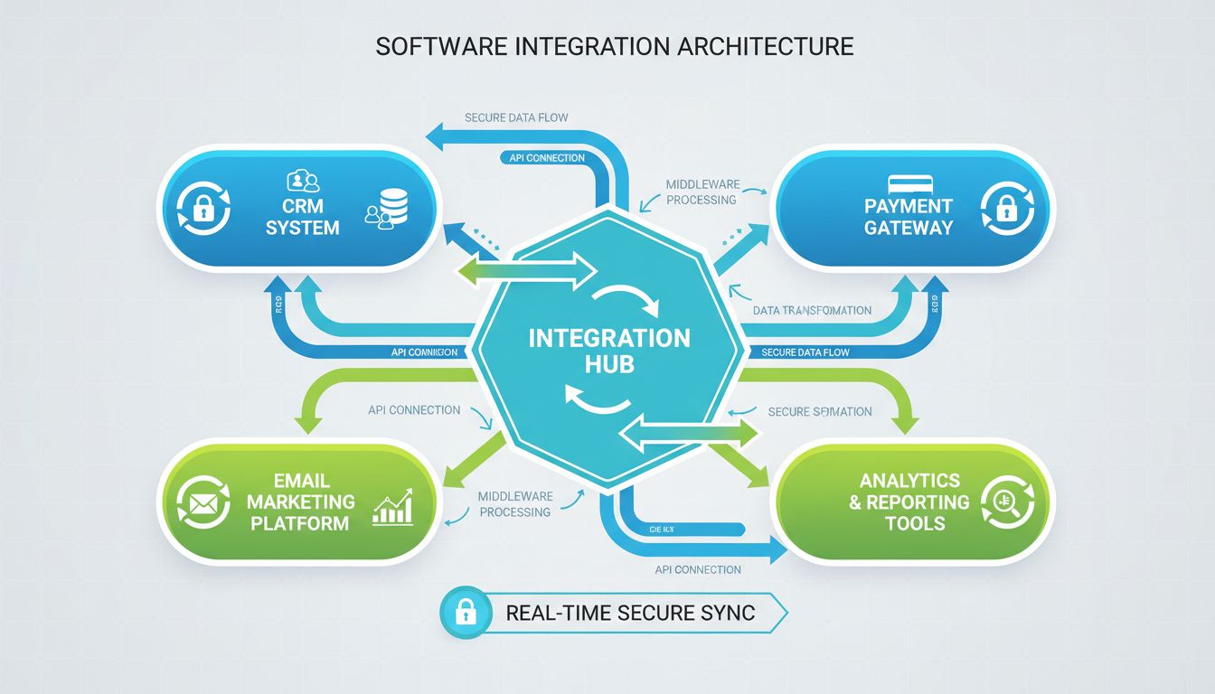 Szoftverintegrációs architektúra diagram: CRM, e-mail marketing, fizetési átjáró és elemző eszközök központi integrációs hubbal, API-kkal és valós idejű szinkronizációval összekötve