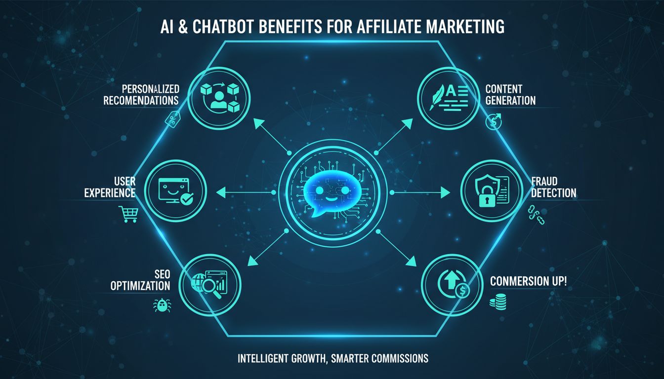 AI és chatbotok előnyei az affiliate marketingben: tartalomgenerálás, személyre szabott ajánlások, felhasználói élmény, SEO-optimalizálás, analitika, csalásmegelőzés és konverziónövelés infografika