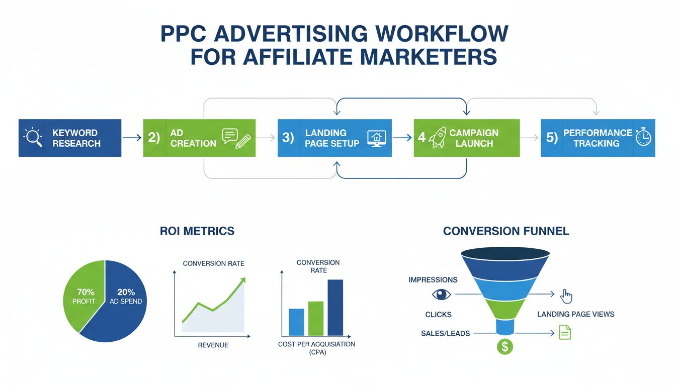 A PPC hirdetési folyamat affiliate marketingszakemberek számára: kulcsszókutatás, hirdetéskészítés, céloldal beállítás, kampányindítás és teljesítménykövetés