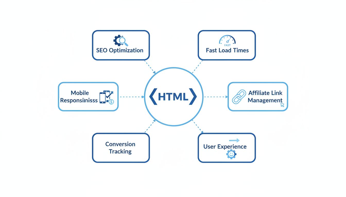 HTML előnyei affiliate marketingesek számára – Technikai diagram SEO-ról, mobilra való reagálásról, konverziókövetésről, gyors betöltési időkről, affiliate link menedzsmentről és felhasználói élményről
