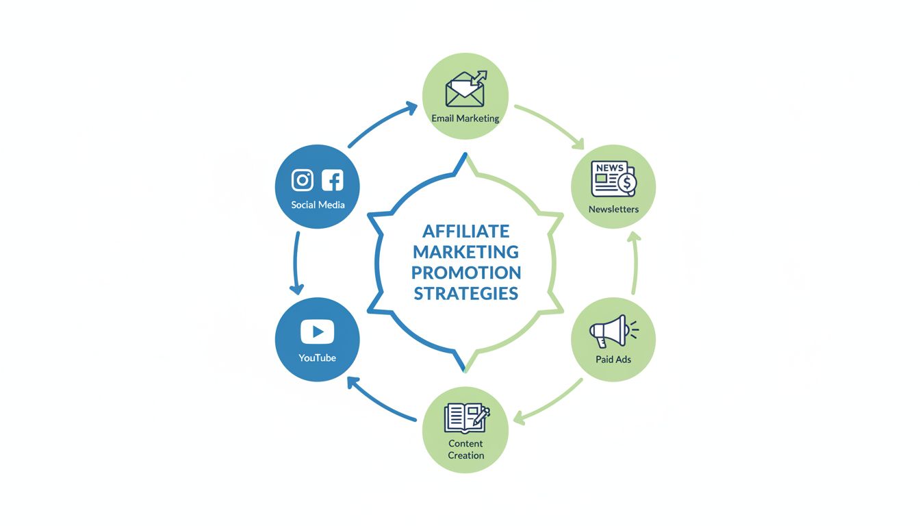 Affiliate marketing népszerűsítési csatornák: közösségi média, e-mail marketing, tartalomkészítés, YouTube, fizetett hirdetések és hírlevelek