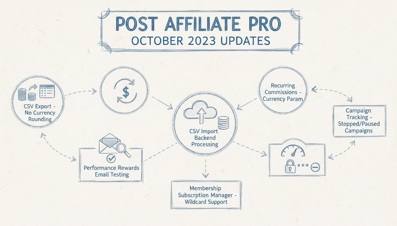 A Post Affiliate Pro 2023. októberi frissítéseinek ábrája: CSV export, Teljesítmény Jutalmak, ismétlődő jutalékok, profilképek és kampánykövetési funkciók