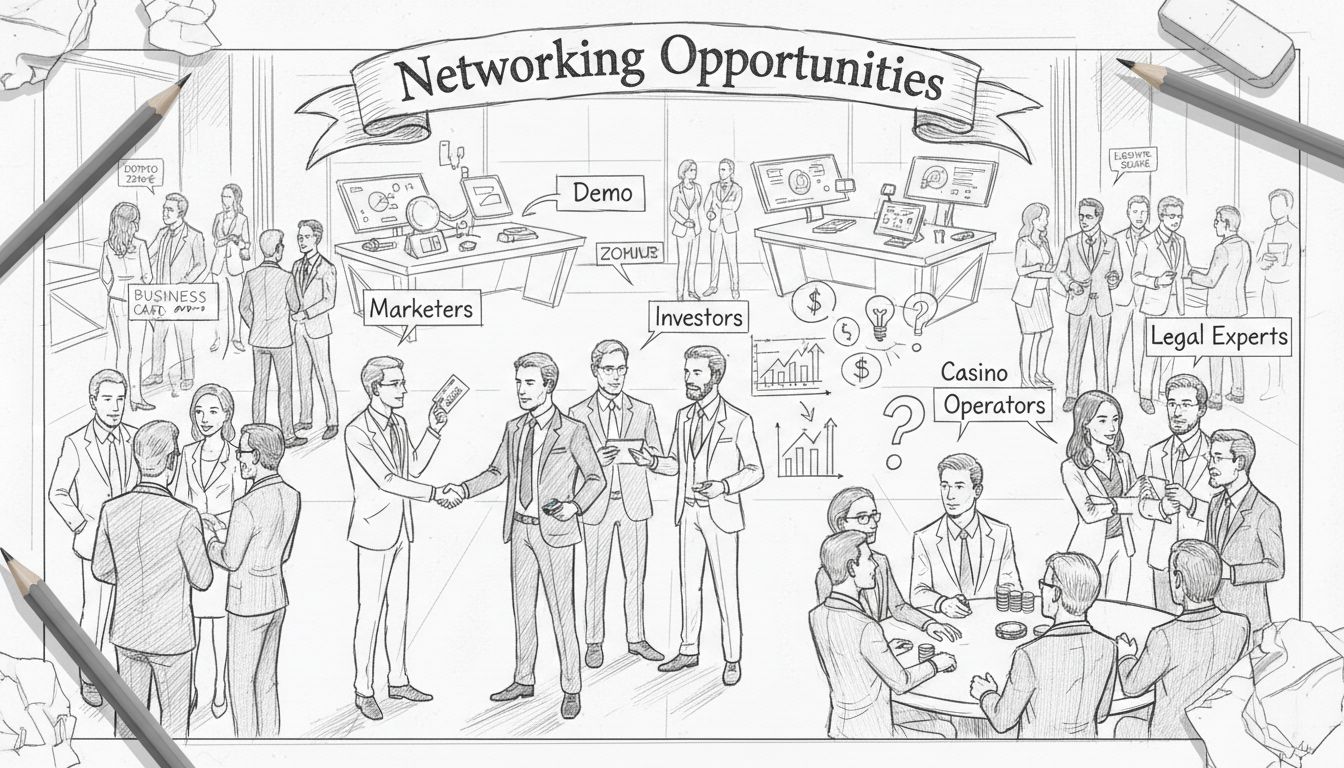 Szakmai networking esemény a demo zónában, ahol marketingesek, kaszinó üzemeltetők, befektetők és jogi szakértők névjegyeket cserélnek és lehetőségekről beszélgetnek