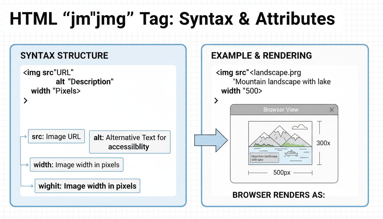 HTML img tag szintaxis diagram src, alt, width és height attribútumokkal és példakódokkal