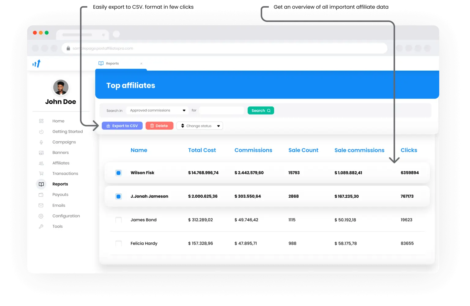 Partnerek & Kattintások riportok a Post Affiliate Pro-ban