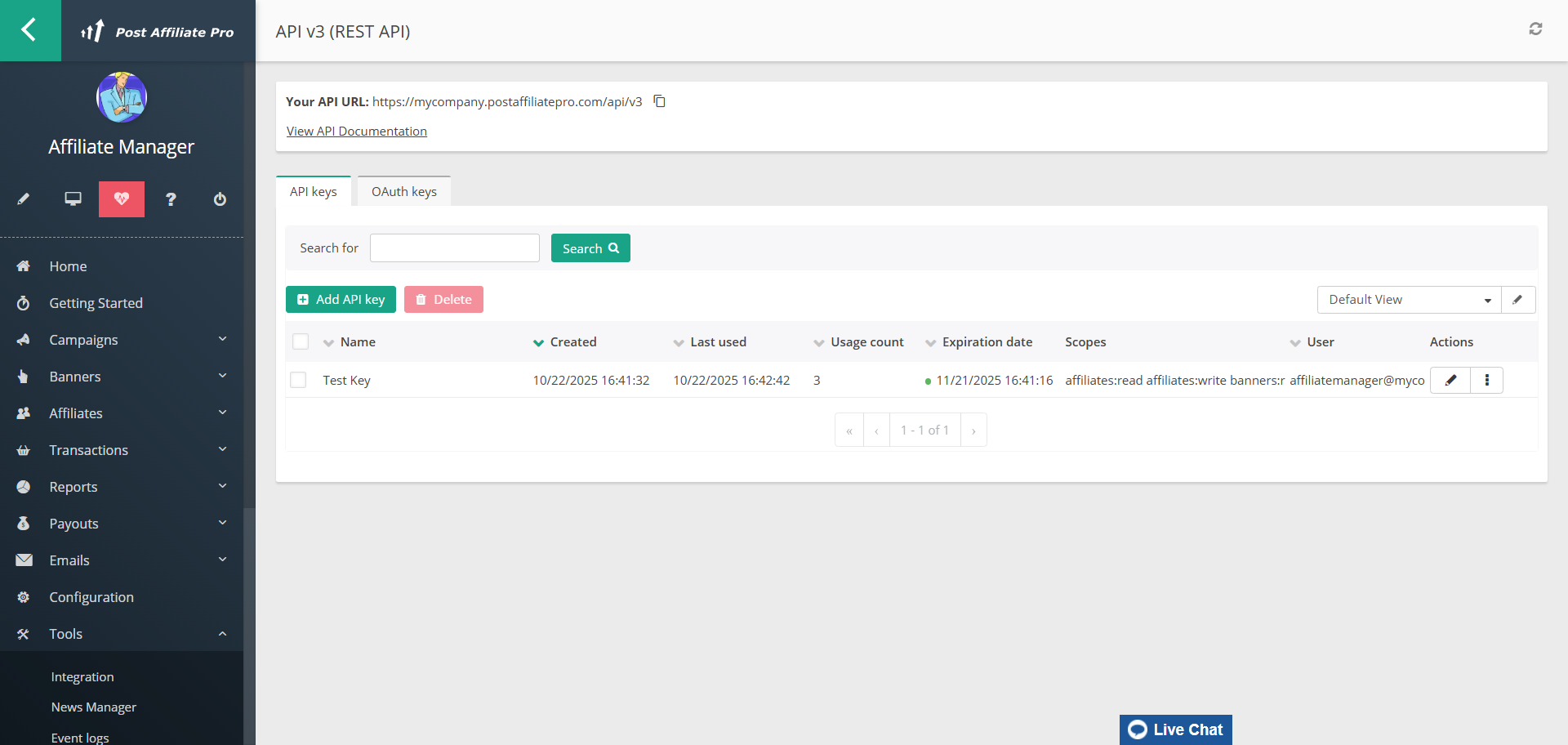 Post Affiliate Pro API v3 (REST API) képernyő API-kulcs előállításához