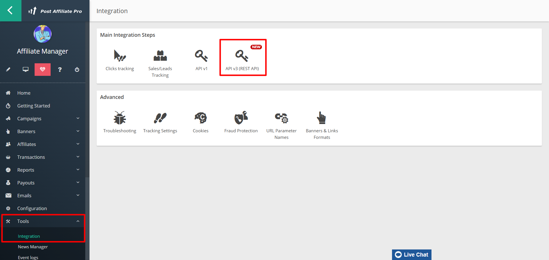Post Affiliate Pro kereskedői panel Konfiguráció > Eszközök > Integráció menü