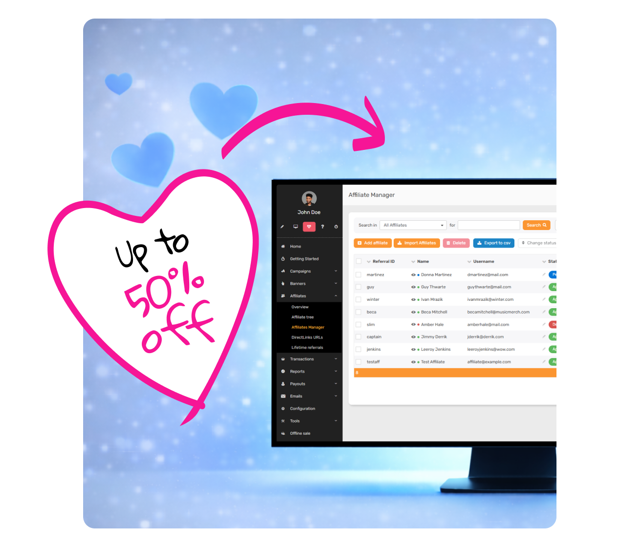 Valentin-napi tematikájú főkép illusztráció a Post Affiliate Pro promócióhoz