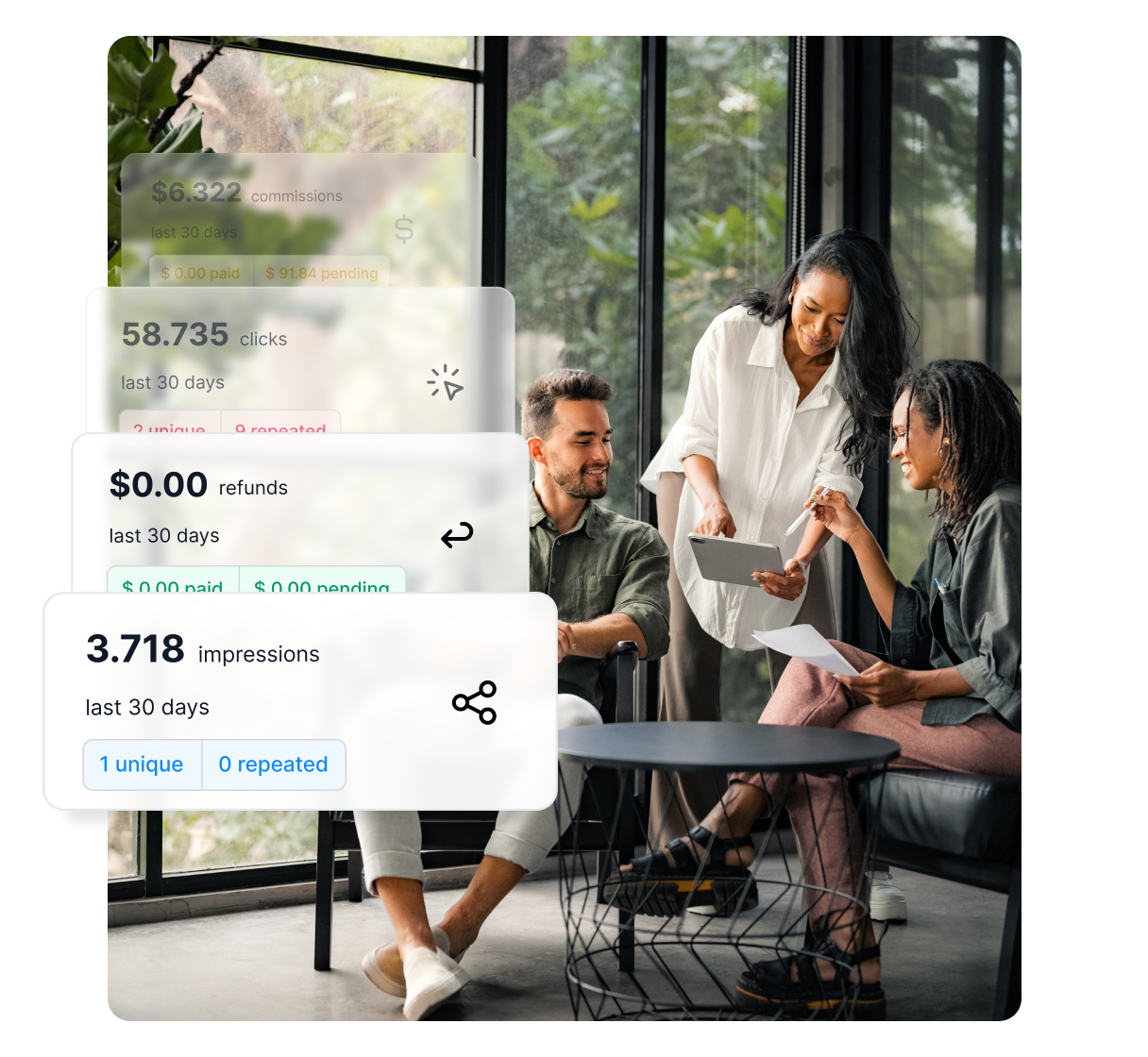 A Post Affiliate Pro irányítópult képernyőképe általános áttekintéssel és mutatókkal.