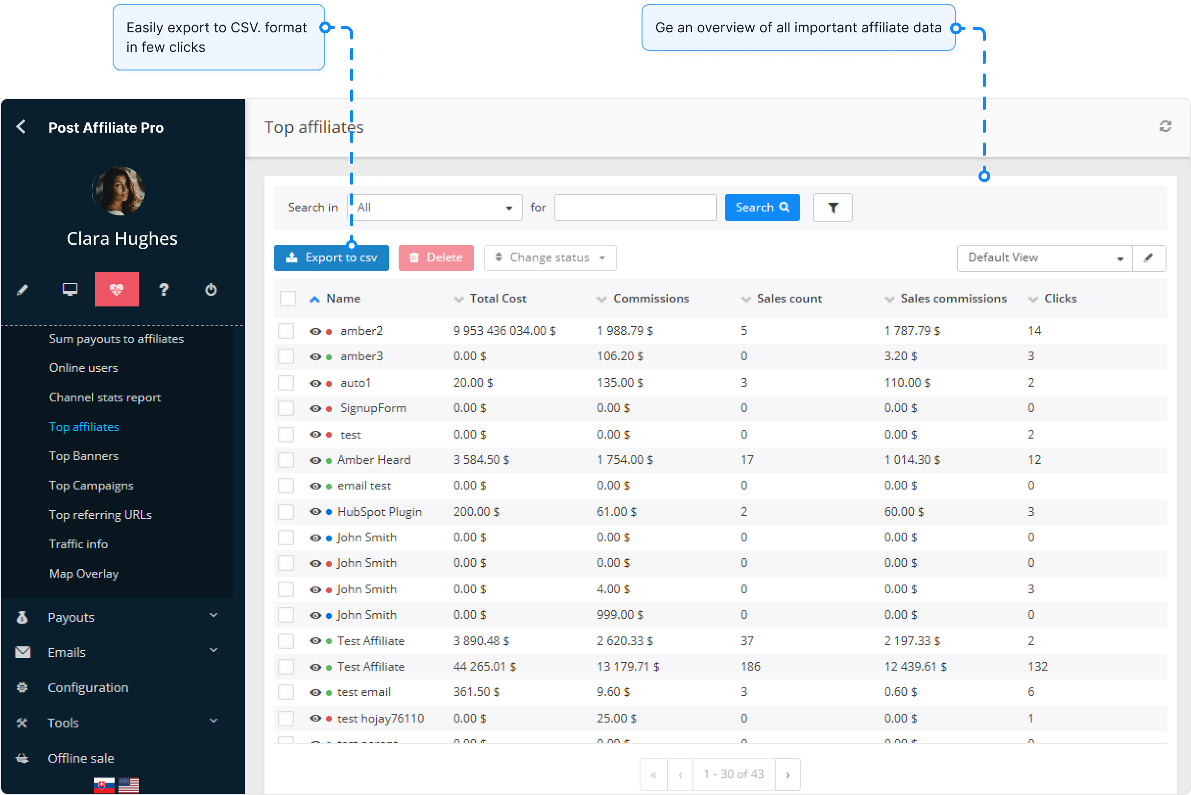 A jelentések funkció áttekintése a Post Affiliate Pro-ban.