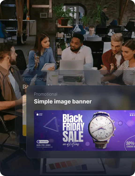 Egy promóciós anyagok átfedés, amely egy egyedi képbannert mutat egy Black Friday akcióhoz.