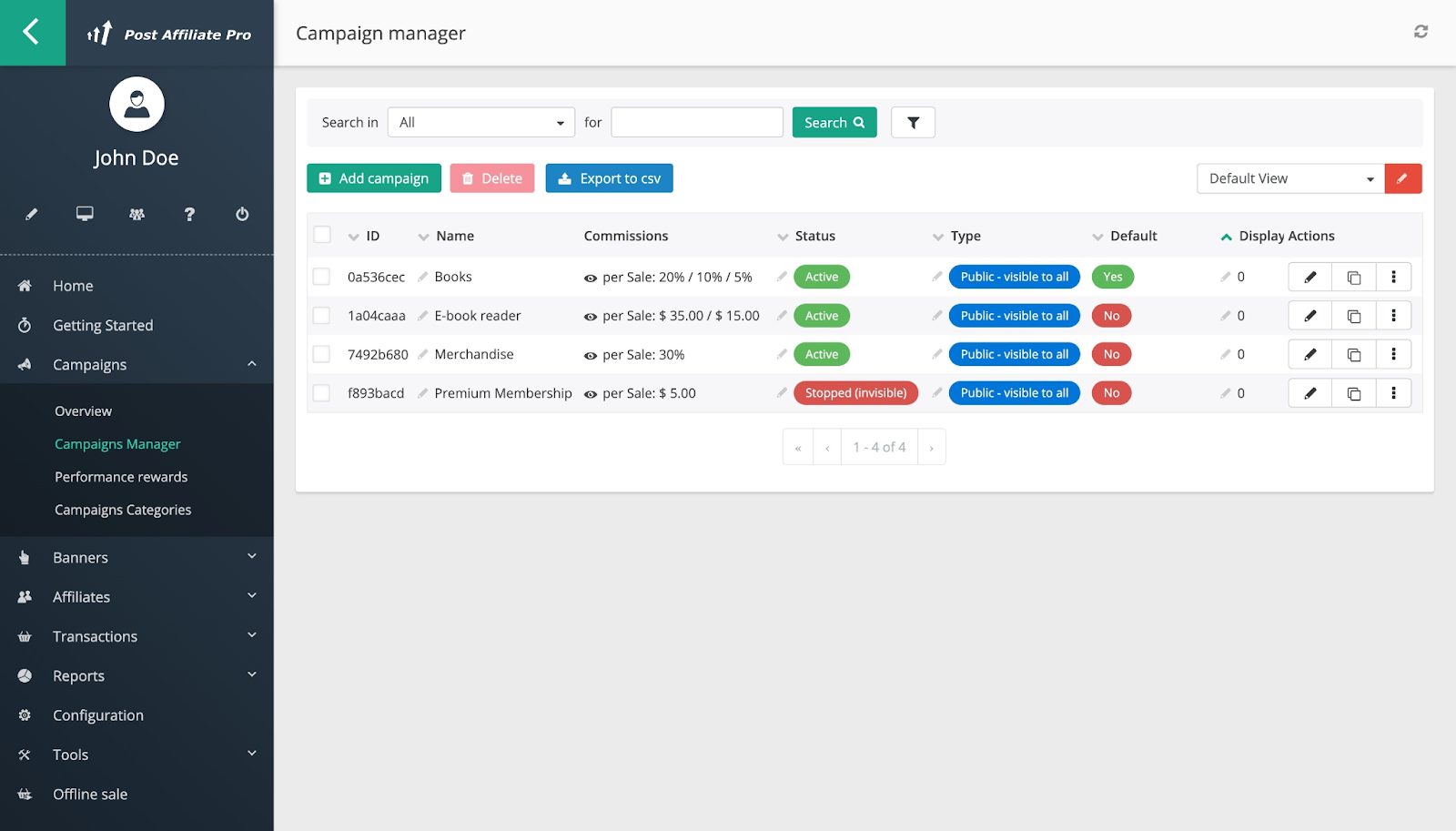 A Post Affiliate Pro kampánymenedzser funkciójával egyszerűen követheti és menedzselheti kampányait