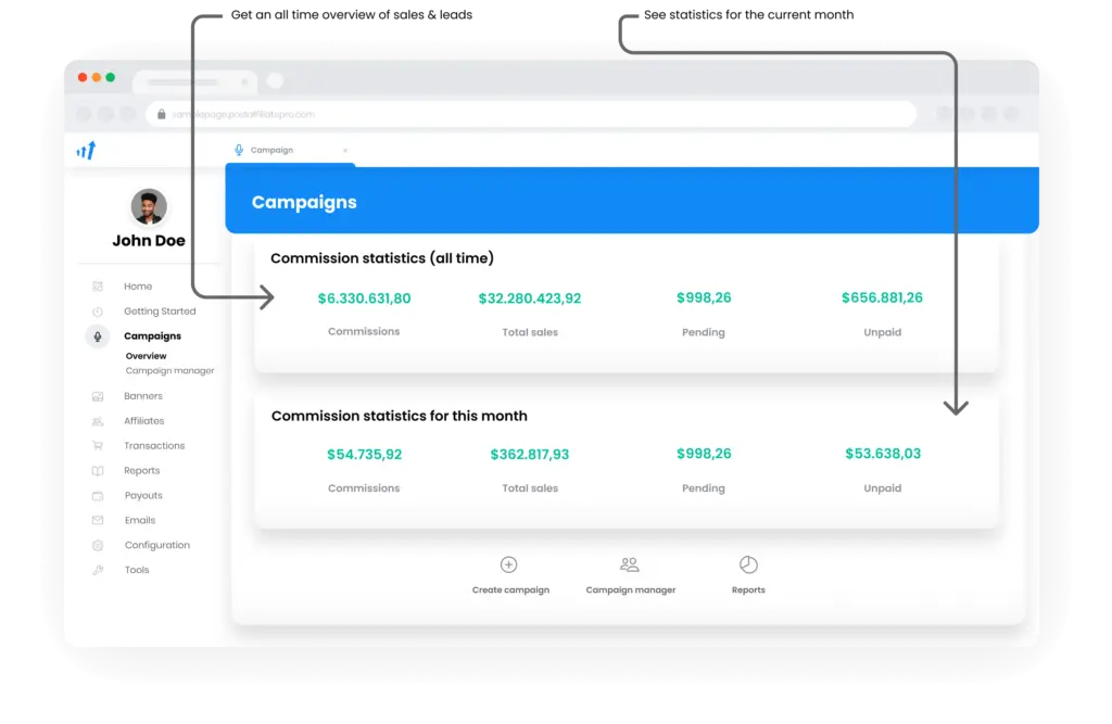 Kampányok áttekintése a Post Affiliate Pro-ban.