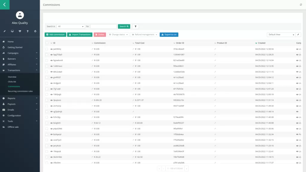 Grafika, amely a jutalékok panelt mutatja a Post Affiliate Pro-ban.