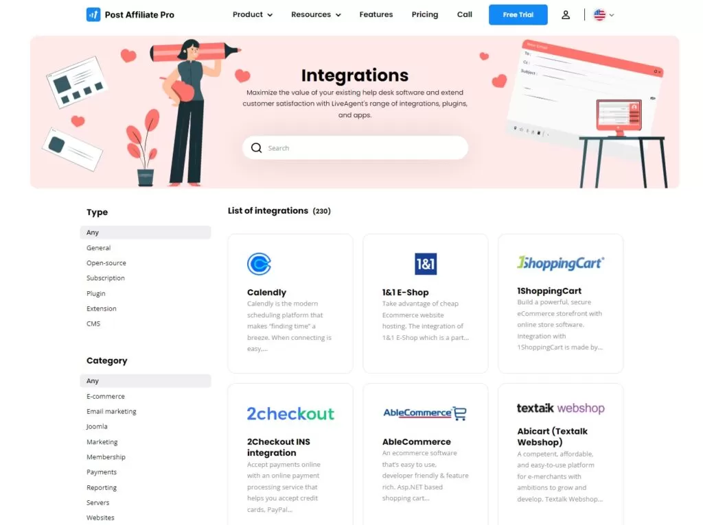 Grafika, amely a Post Affiliate Pro integrációit mutatja.