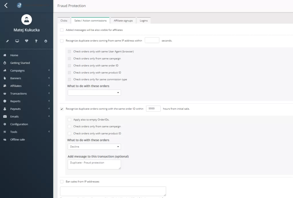 A Post Affiliate Pro értékesítés csalás elleni védelmi vezérlőpult képernyőmentése.