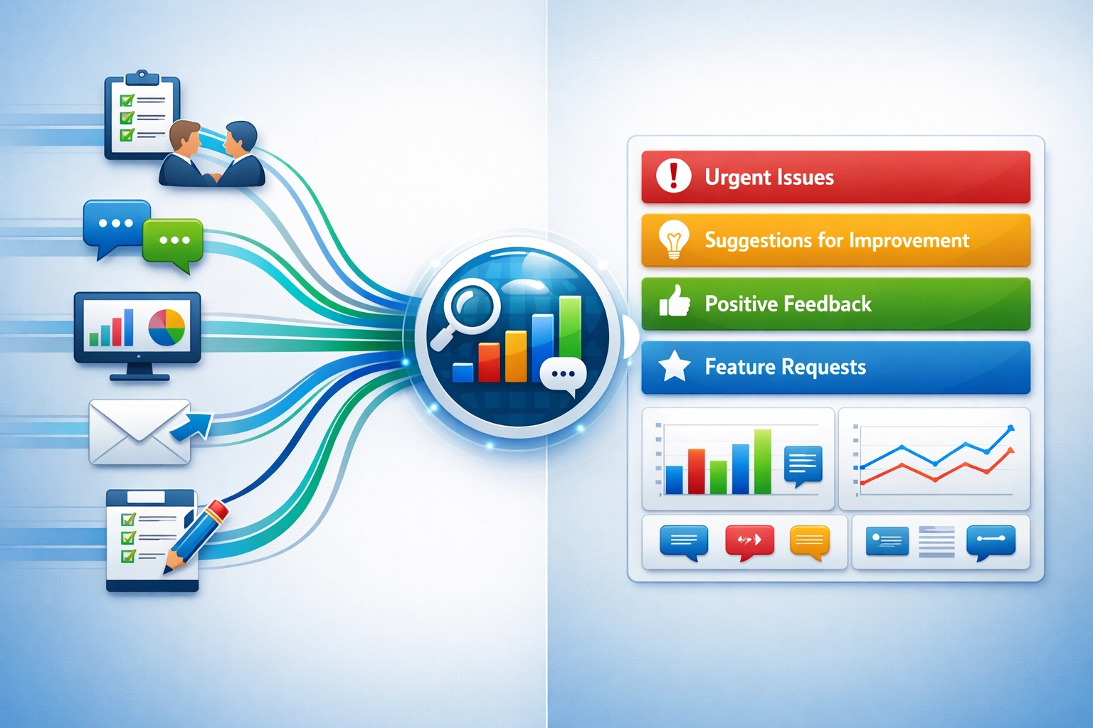 Visszajelzés-gyűjtő és elemző tölcsér, több bemeneti módszerrel
