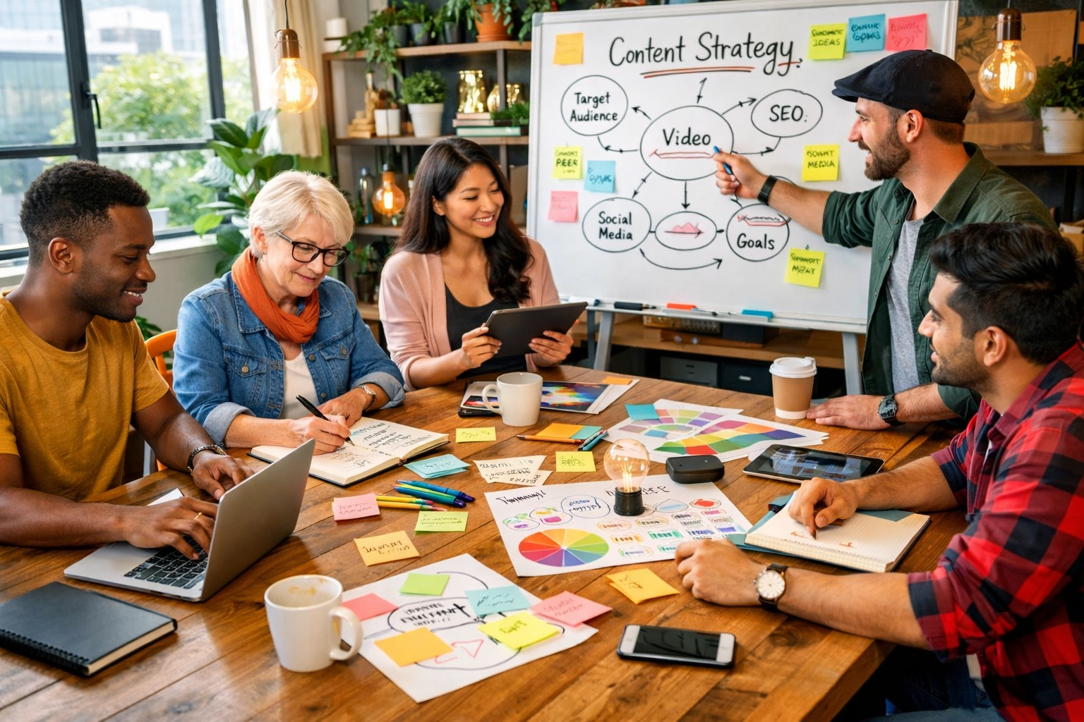 Sokszínű tartalomgyártói csapat kreatív ötletbörzén dolgozik együtt