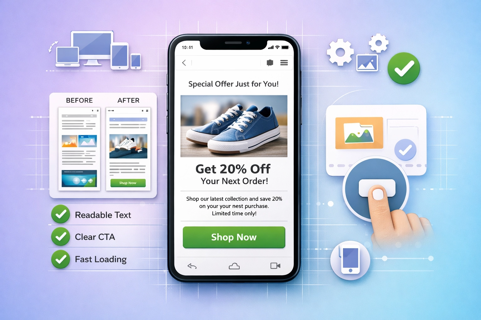 Mobilbarát email dizájn optimalizálás, reszponzív elrendezés és nagy, hüvelykujjal is megnyomható gombok