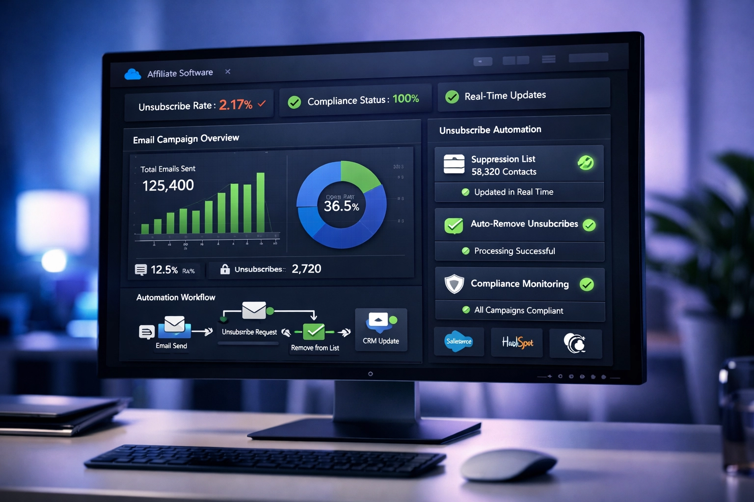 Affiliate software dashboard with unsubscribe automation