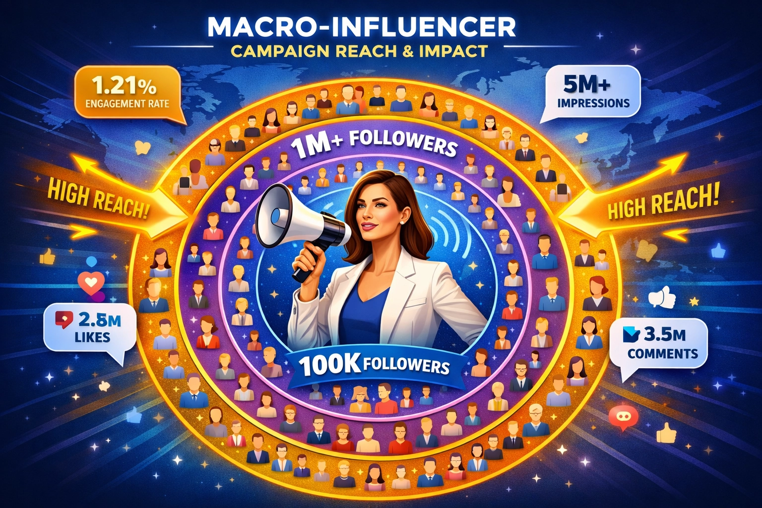 Macro-influencer campaign reach visualization showing expanding audience circles