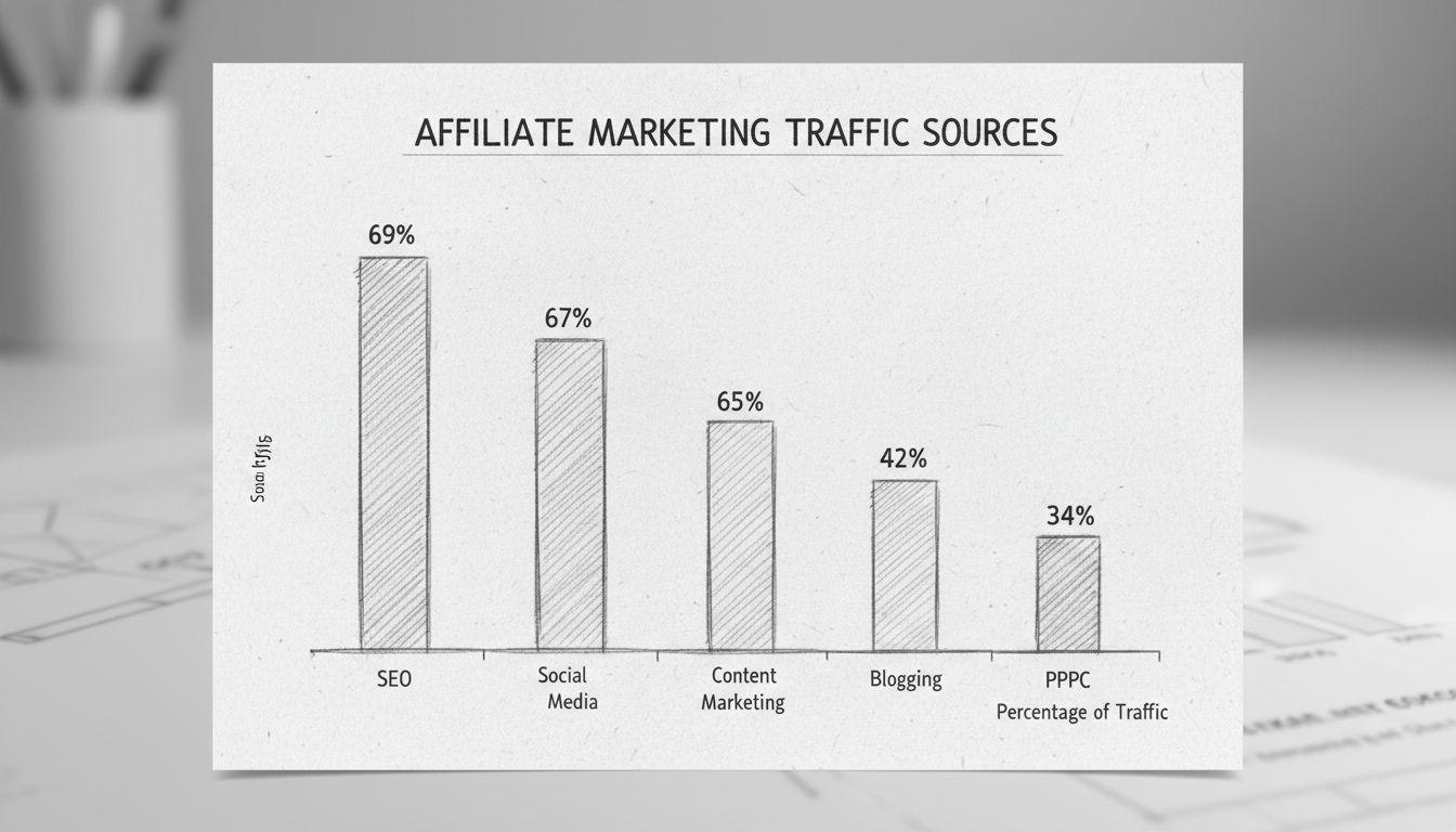 Affiliate marketing forgalmi forrásai: SEO 69%, Közösségi média 67%, Tartalommarketing 65%, Blogolás 64%, Email 42%, PPC 34%