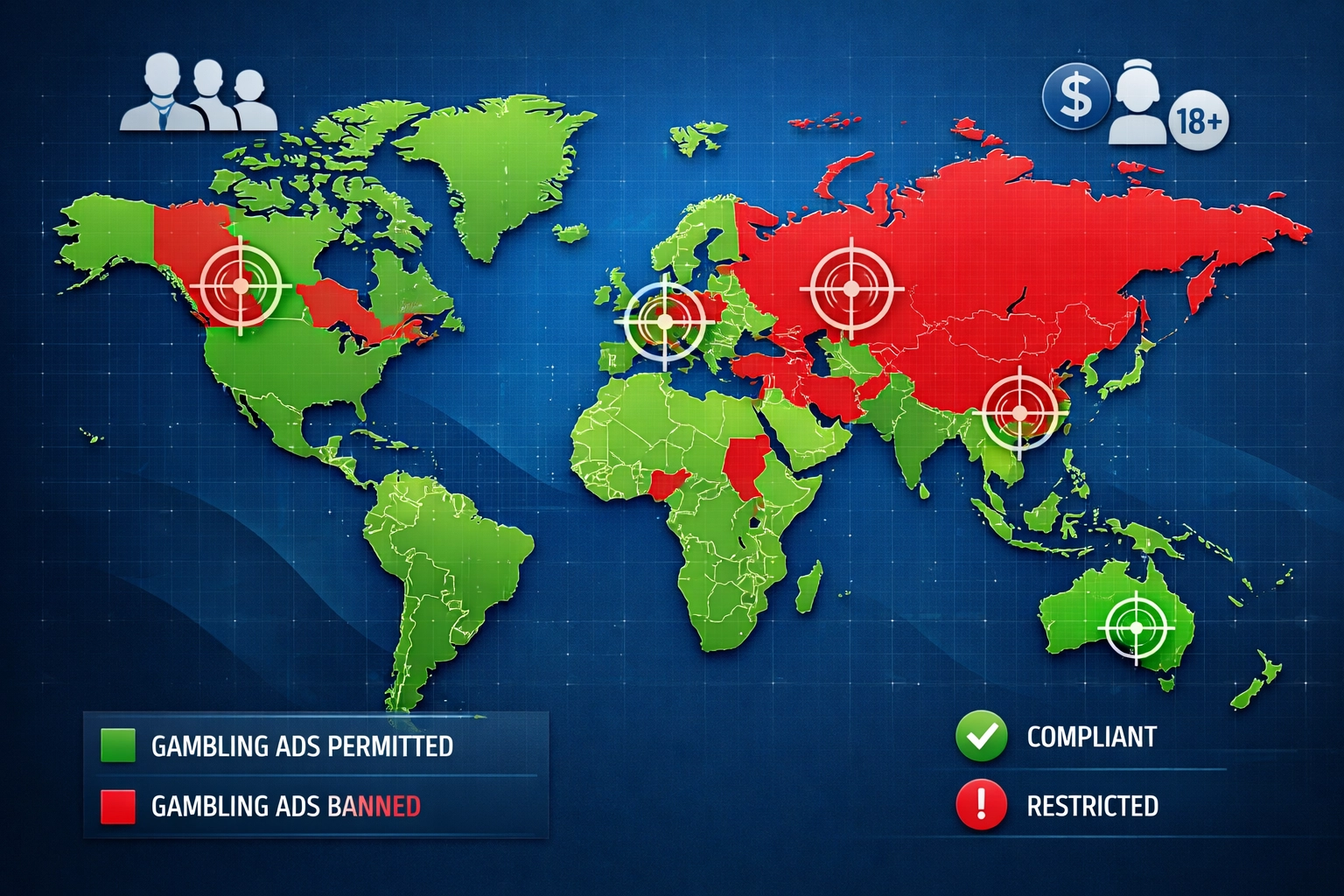 Világtérkép vizualizáció, amely régiókra bontva mutatja a szerencsejáték-hirdetés szabályozását színkódolt megfelelőségi zónákkal és célzási indikátorokkal