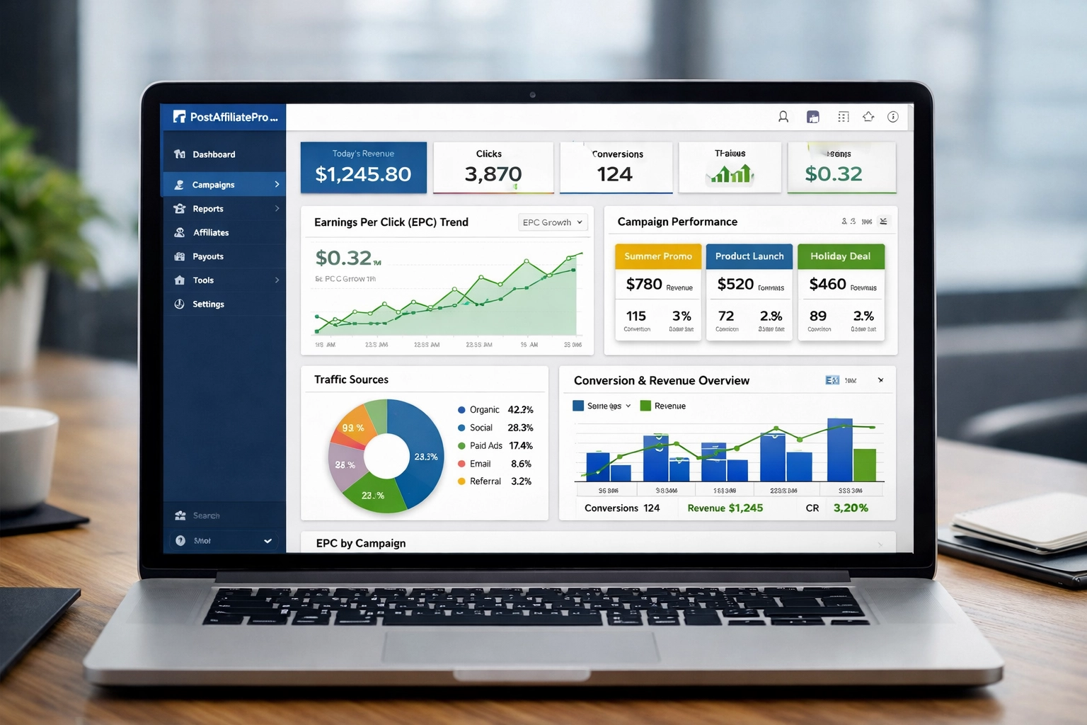 PostAffiliatePro analitika dashboard, amely valós idejű követési adatokat és EPC teljesítménymutatókat jelenít meg