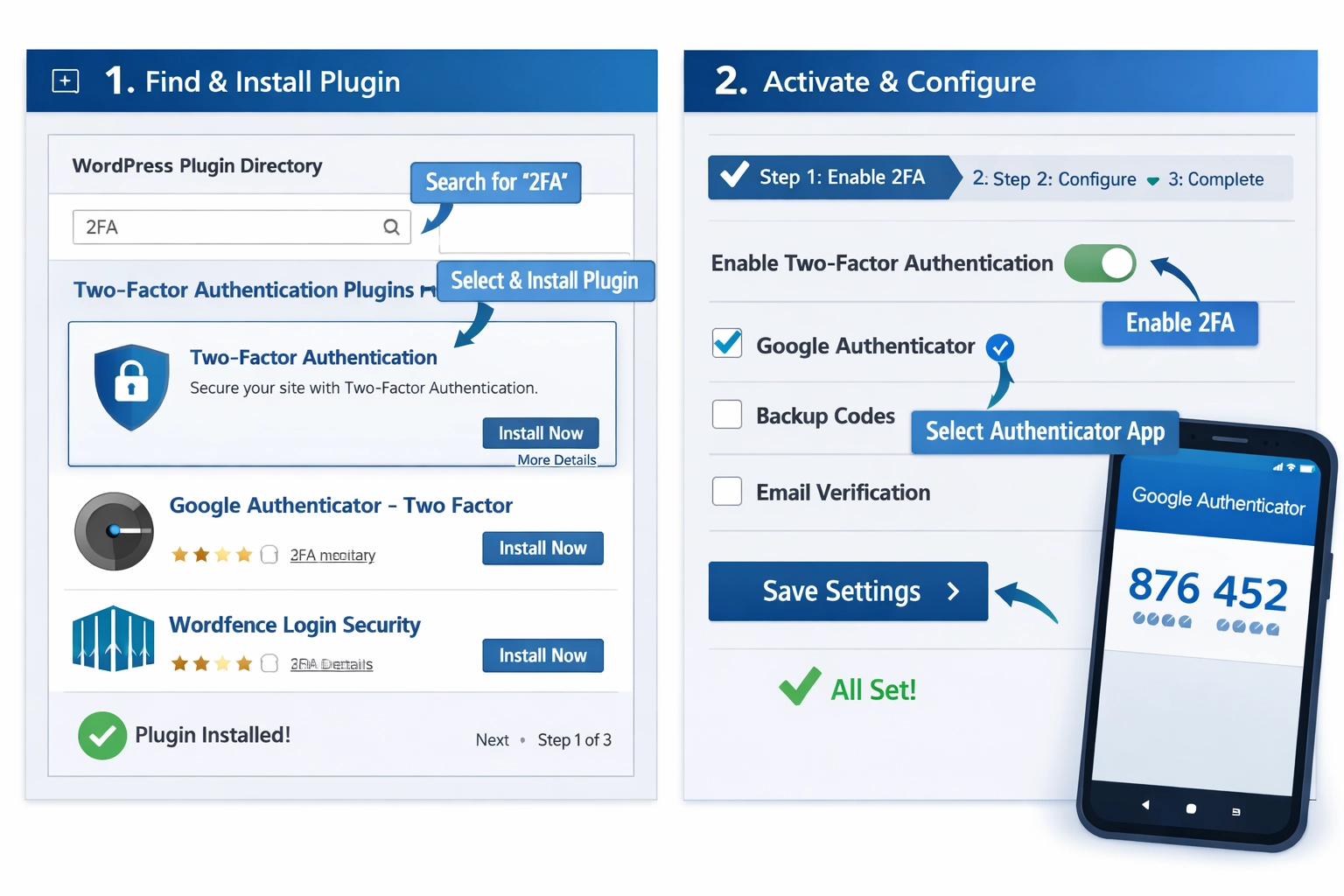 WordPress bővítmény telepítés és 2FA beállítás folyamata