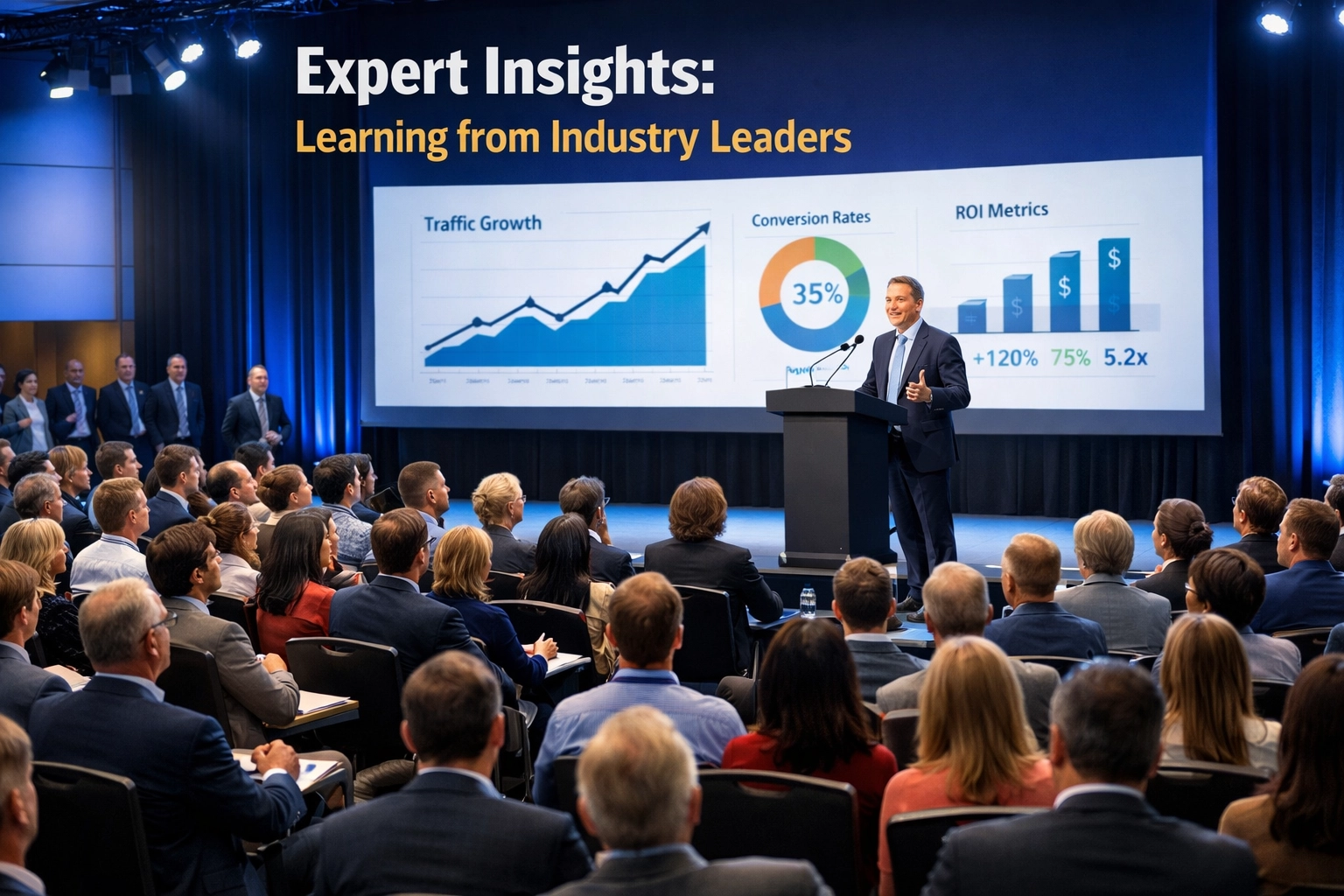 Professzionális keynote előadó marketingkonferencia közönsége előtt