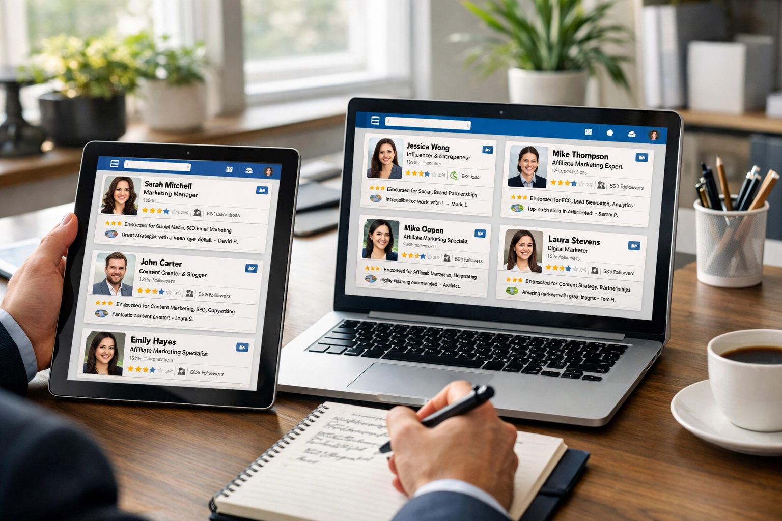 Professional researching affiliate marketer profiles on LinkedIn