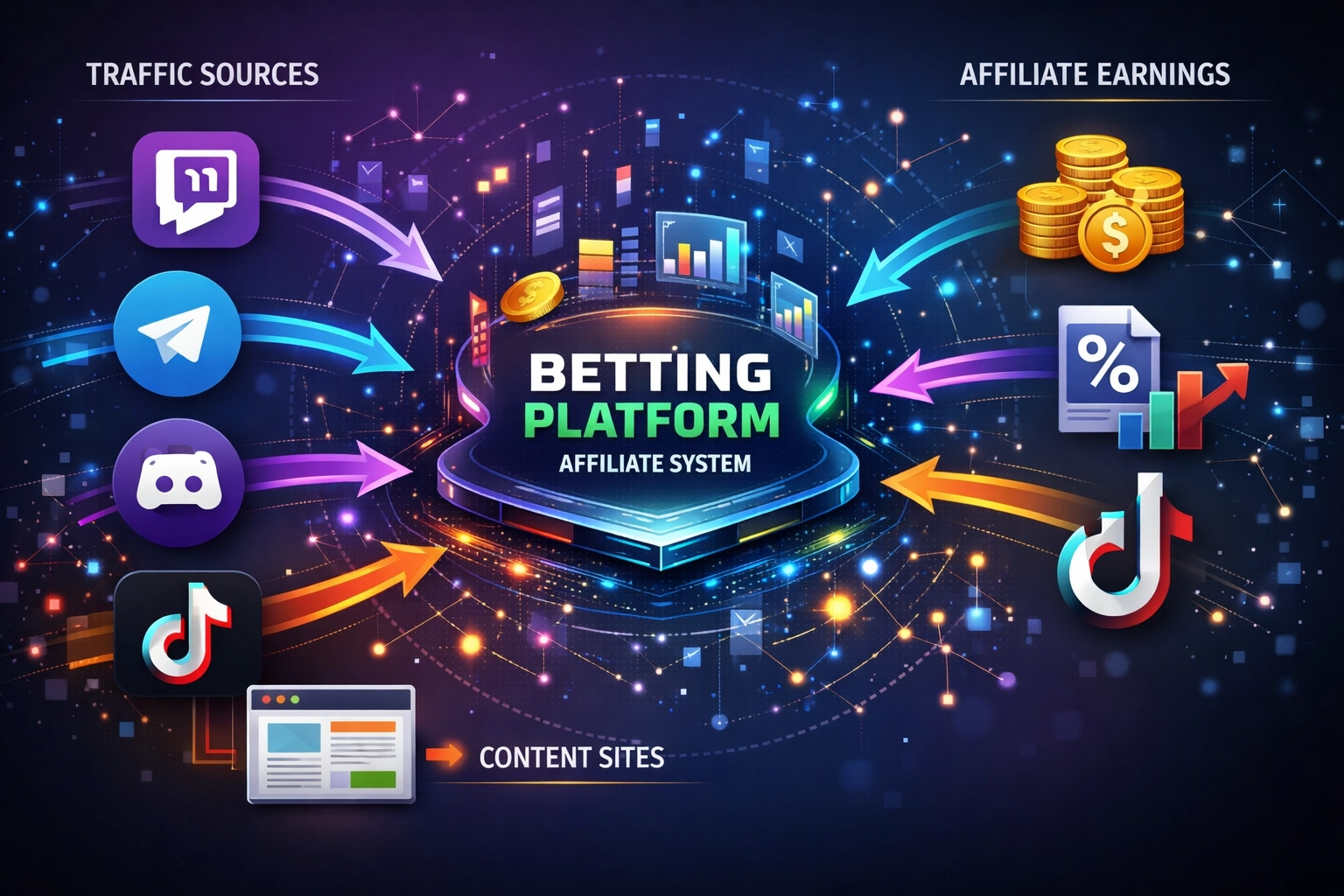 Forgalmi források hálózati diagramja: Twitch, Telegram, Discord, TikTok, YouTube és tartalomoldalak