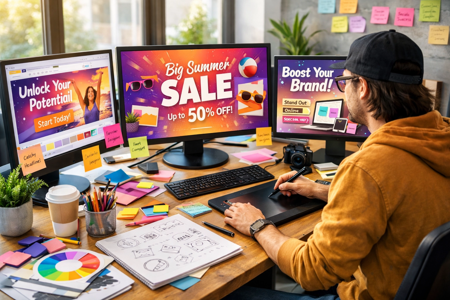 Kreatív tartalomkészítő munkaterület design eszközökkel és ötletelő anyagokkal