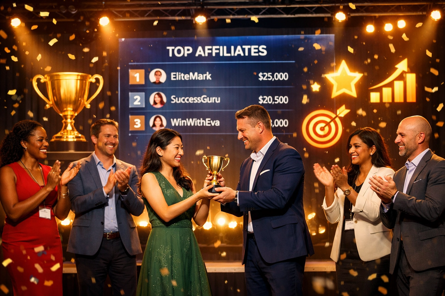 Partnerelismerési és díjátadó esemény, ahol sokszínű csoport ünnepli a sikert