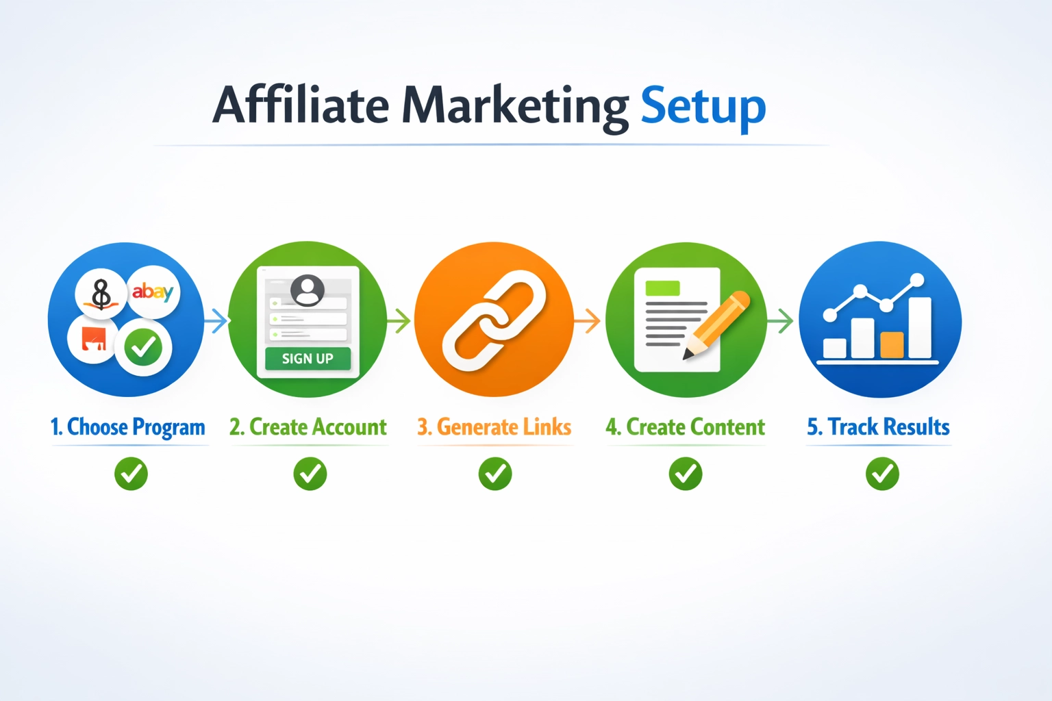 Infografika: 5 lépéses affiliate marketing beállítási folyamat