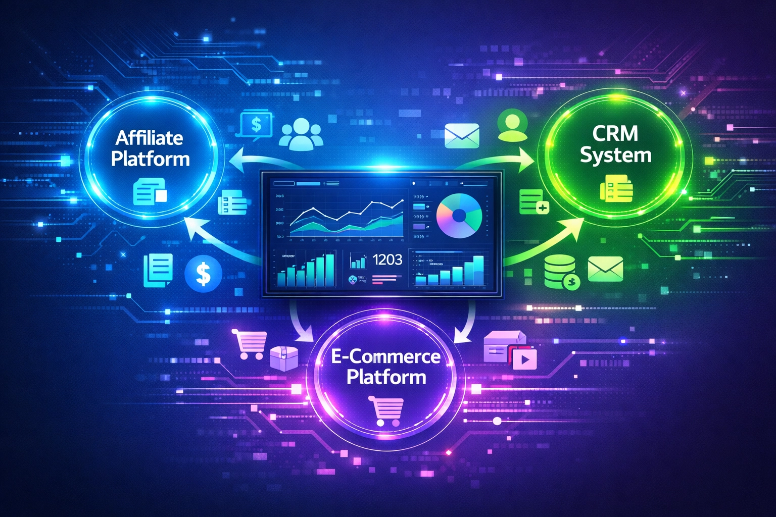 Integration workflow diagram showing data flow between affiliate platform, e-commerce, and CRM systems
