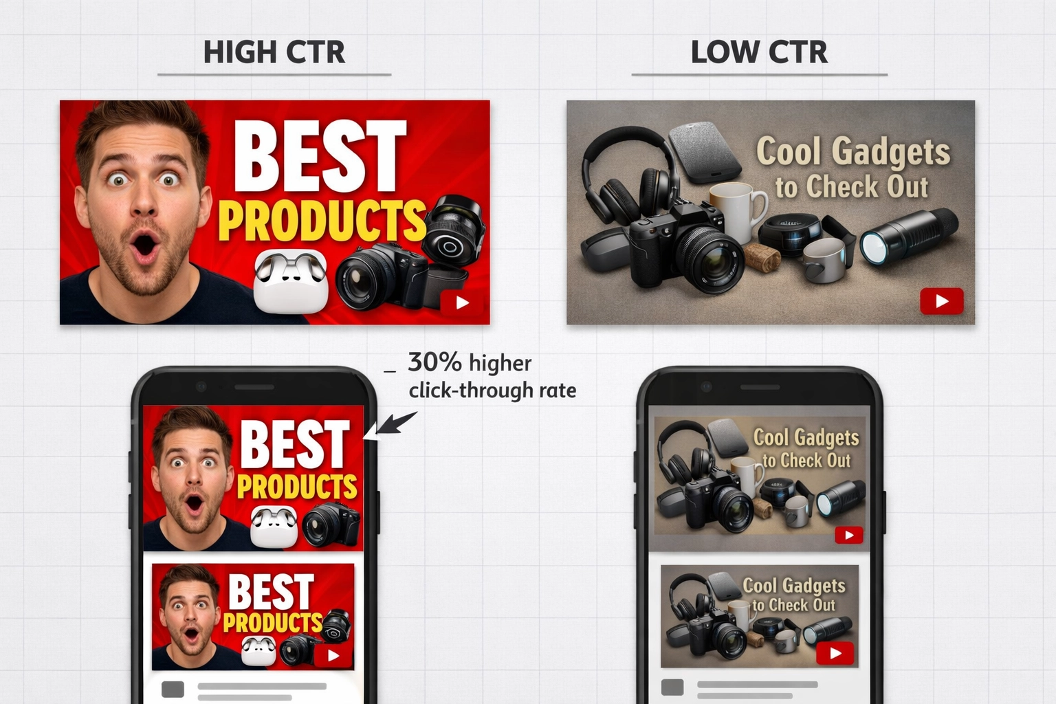 Magas konverziójú és alacsony konverziójú YouTube videó bélyegképek összehasonlítása, dizájn legjobb gyakorlatok