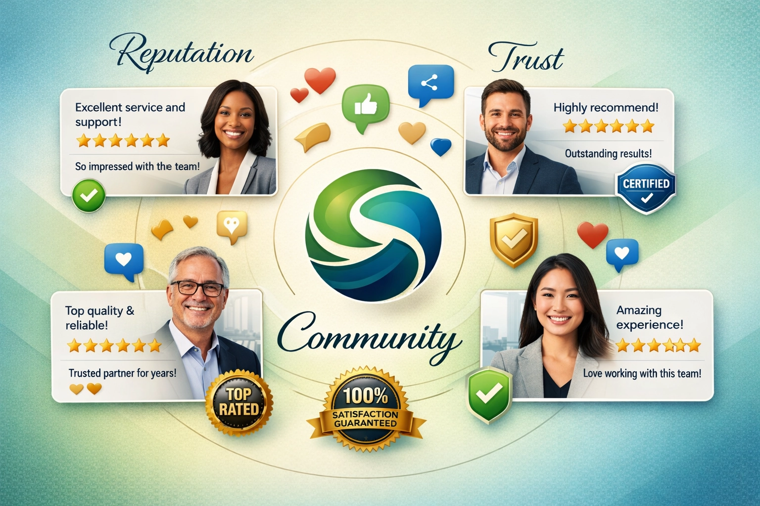 Márka-reputáció vizualizáció ajánlásokkal, értékelésekkel és közösségi aktivitás szimbólumokkal