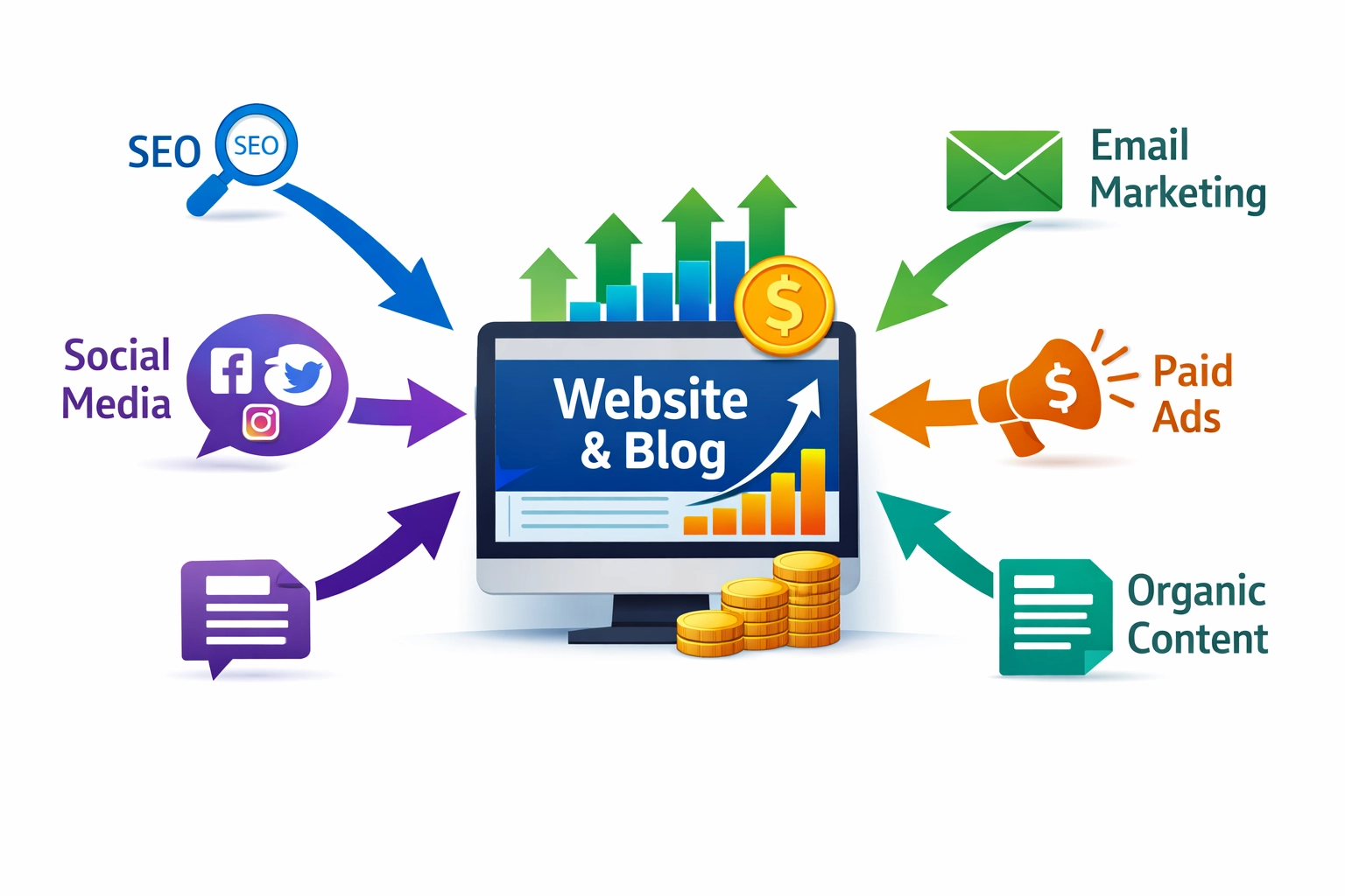 Traffic Generation Channels flowing into website hub from SEO, Social Media, Email, and Paid Ads