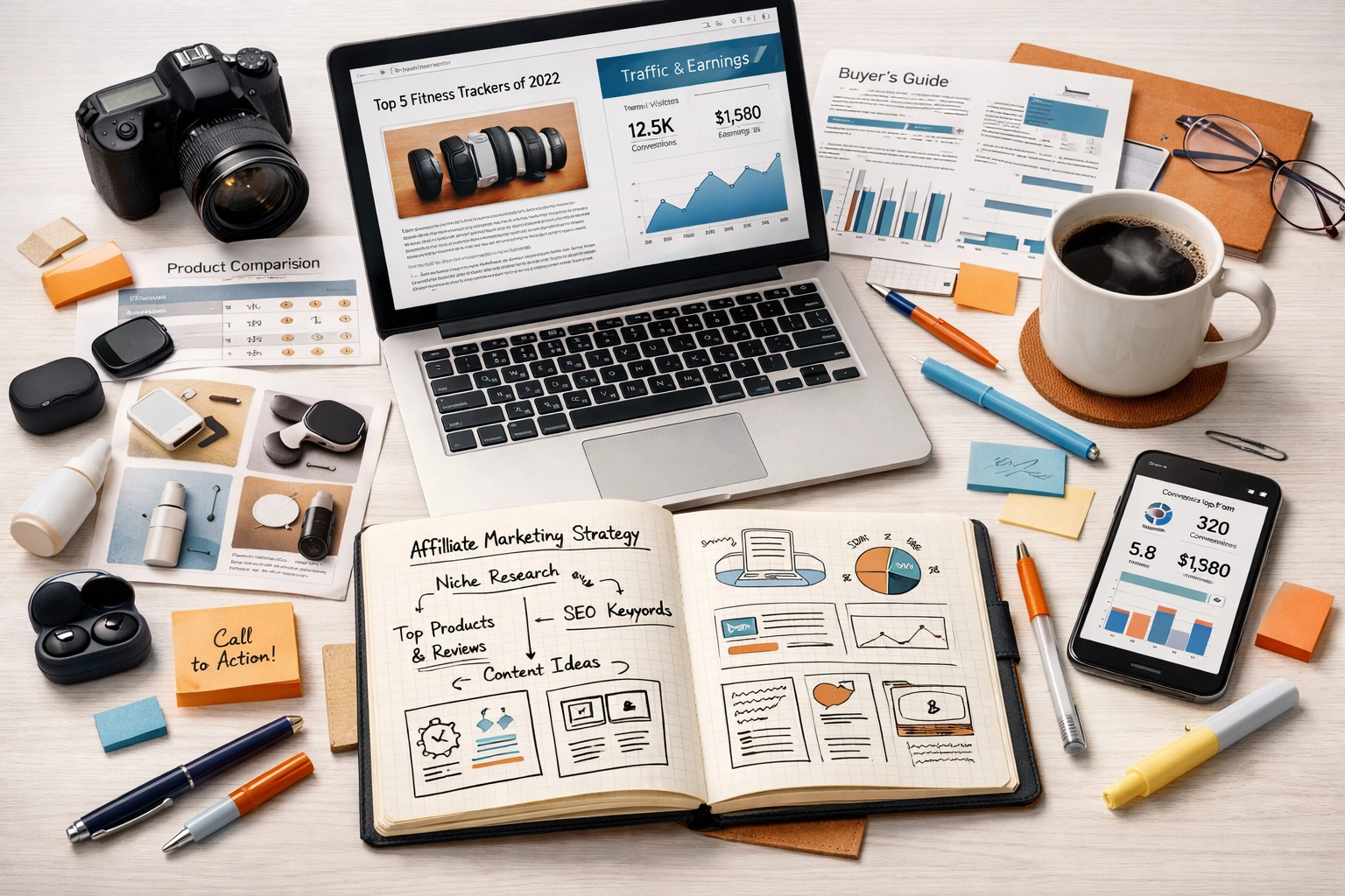 Rendezett munkaterület tartalomkészítéssel és affiliate marketing stratégiával