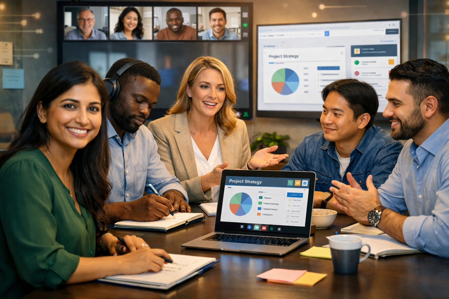 Sokszínű affiliate partnerek virtuális együttműködési meeting környezetben, csapatmunkában