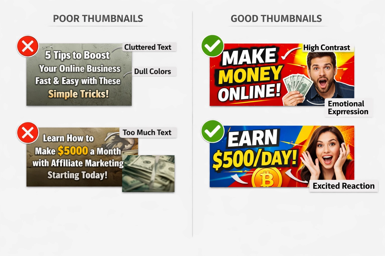 YouTube indexkép-tervezési összehasonlítás: jó vs rossz példák megjegyzésekkel