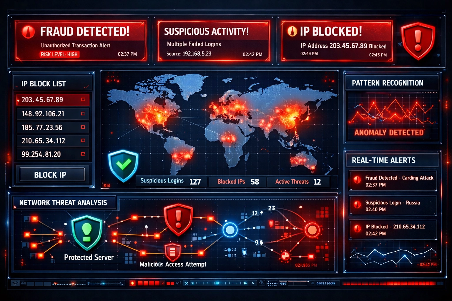 Fejlett csalásfelismerő dashboard valós idejű riasztásokkal és biztonsági monitorozással