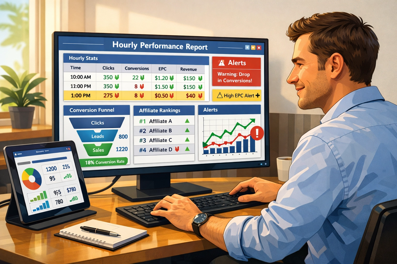 Affiliate menedzser számítógépes irányítópulton óránkénti teljesítményjelentéseket elemez